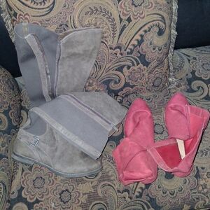 Gray and Red Suede Boots
